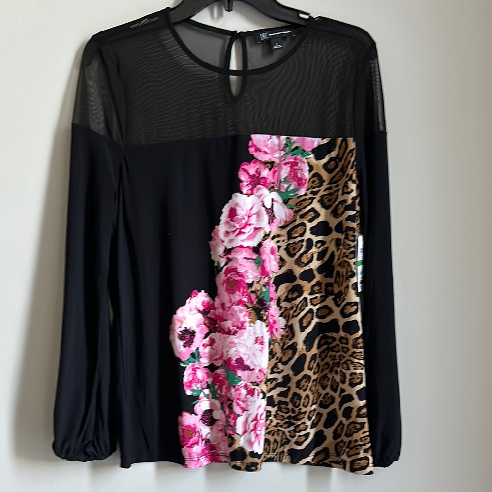 INC International Concepts Black Floral and Leopard Blouse